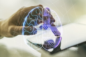 Aufkleber - Double exposure of creative artificial Intelligence symbol with finger clicks on a digital tablet on background. Neural networks and machine learning concept
