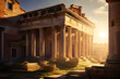  Ancient roman buildings illuminated by sunlight in the morning, AI generated image.