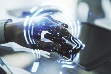 Aufkleber - Creative artificial Intelligence concept with human head hologram and finger clicks on a digital tablet on background. Multiexposure