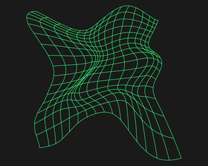 Poster - Distorted cyber grid. Cyberpunk geometry element y2k style. Isolated green mesh on black background. Vector fashion illustration.