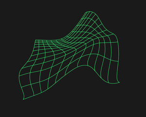 Poster - Distorted cyber grid. Cyberpunk geometry element y2k style. Isolated green mesh on black background. Vector fashion illustration.