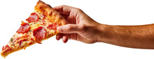 Hand Holding Delicious Slice Of Pepperoni, Cheese, Salami, PNG, Transparent, Isolate.