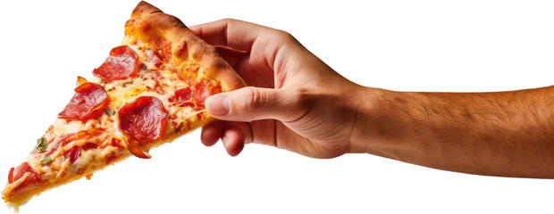 Hand holding delicious slice of pepperoni pizza, cheese, salami, PNG, Transparent, isolate.