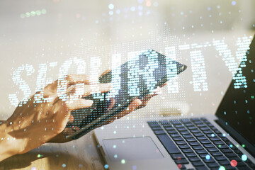 Aufkleber - Cyber security creative concept with finger clicks on a digital tablet on background. Double exposure