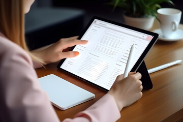 Woman's hands writing on the document of tablet mockup with digital planner on screen, soft tones, photorealistic