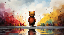 Toy Bear Standing Facing The Viewer With Rainbow Coloured Trees Set In A Vanishing Point Landscape Illustration - Created Using Generative AI