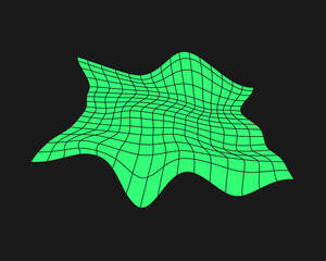 Poster - Distorted cyber grid. Cyberpunk geometry element y2k style. Isolated green mesh on black background. Vector fashion illustration.