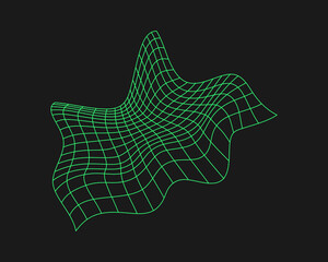 Poster - Distorted cyber grid. Cyberpunk geometry element y2k style. Isolated green mesh on black background. Vector fashion illustration.