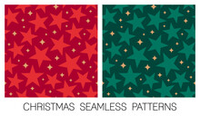 Set Of Red And Green Star Seamless Pattern For Christmas And New Year Background.