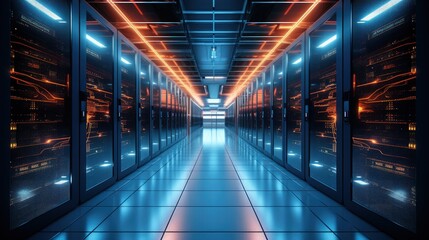 Poster - Data center filled with servers and supercomputers displaying high speed internet visuals