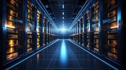 Poster - Dark room server racks in data technology center depicting Internet of Things big data storage cryptocurrency mining facility
