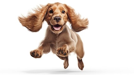 Poster - Energetic English cocker spaniel puppy playing happily isolated on white background