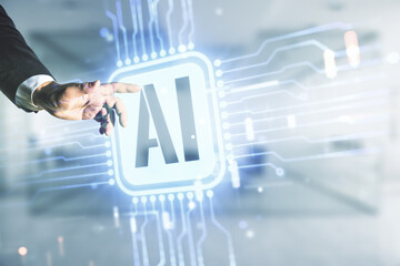 Aufkleber - Double exposure of man hand presses on creative artificial Intelligence icon on blurred office background. Neural networks and machine learning concept