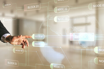 Poster - Male hand clicks on abstract virtual coding illustration and world map on blurred office background, international software development concept. Multiexposure