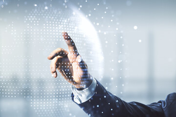 Poster - Multi exposure of businessman hand presses on abstract creative digital world map hologram on blurred office background, research and analytics concept