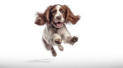 Poster - Energetic English cocker spaniel puppy playing happily isolated on white background