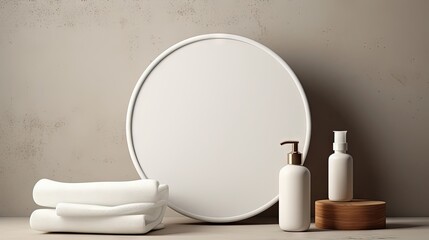 Poster - Empty label tube mirror towel hair tie and cotton pads in front