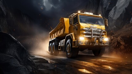 Poster - Gold mining industry with open pit mines and large yellow trucks transporting gold on mining routes