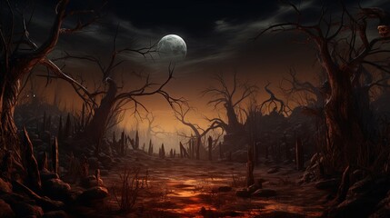 Poster - Eerie woods at night with dead trees and a full moon