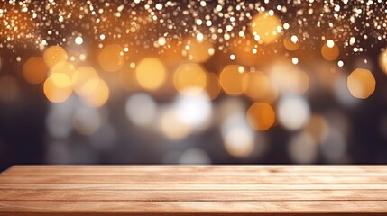 Poster - Festive bokeh on a wooden deck table perfect for product montage during the Christmas holiday