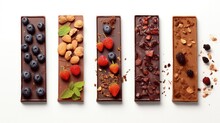 Fruity Nutty Chocolate Bars On White Backdrop