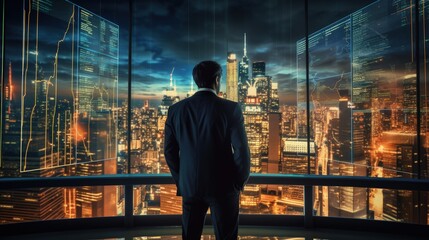 Poster - Financial analysis of the stock market on a digital background featuring a cityscape and a virtual screen