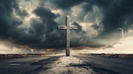 Poster - Cross on road with dramatic sky