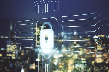 Poster - Virtual creative lock symbol and microcircuit illustration on blurry skyline background. Protection and firewall concept. Multiexposure