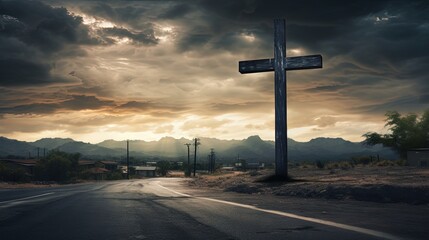 Poster - Cross on road with dramatic sky