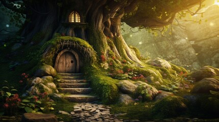 Poster - Fantasy forest with fairy tree house on stone road