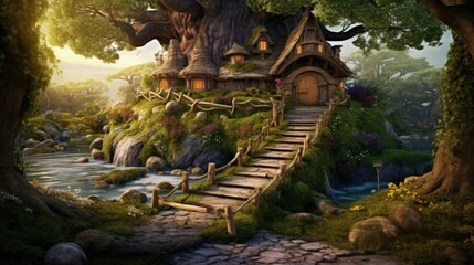 Poster - Fantasy forest with fairy tree house on stone road