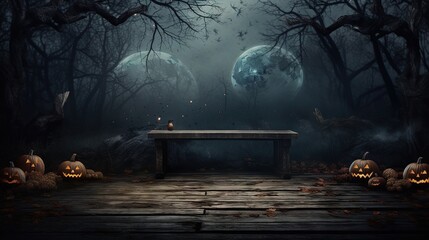 Poster - Eerie forest scene with moon and table on Halloween