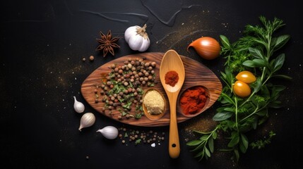 Aufkleber - Cooking concept with wooden spoon and knife surrounded by ingredients on a dark background Top view copy space available