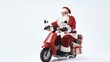 Festive Santa Claus with Christmas Sack Riding Scooter for Jolly Holiday Greetings