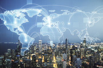 Poster - Abstract graphic digital world map hologram with connections on Chicago cityscape background, globalization concept. Multiexposure