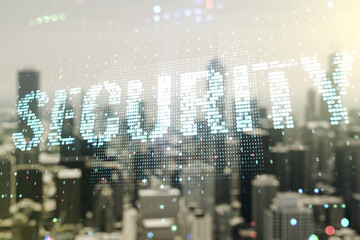 Aufkleber - Virtual cyber security creative concept on blurry skyline background. Double exposure