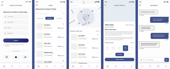 find lawyer, legal attorney, counselor, jurist, law firm and advocate finder app ui kit template