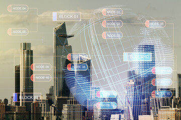 Poster - Double exposure of abstract programming language hologram and world map on New York city skyscrapers background, research and development concept