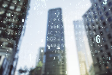 Poster - Abstract virtual coding concept and world map hologram on office buildings background. Multiexposure