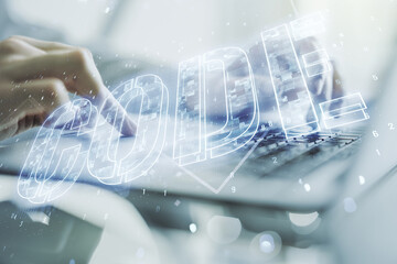 Aufkleber - Creative Code word sign and hands typing on laptop on background, international software development concept. Multiexposure