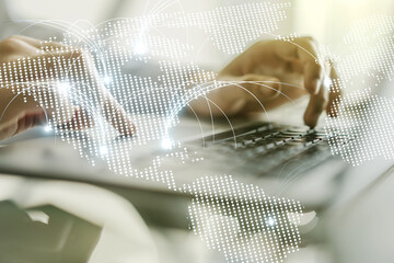 Poster - Double exposure of abstract digital world map with connections and hands typing on laptop on background, research and strategy concept