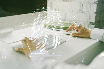 Aufkleber - Abstract creative fingerprint illustration with hands typing on laptop on background, personal biometric data concept. Multiexposure