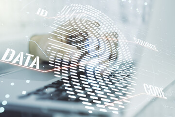 Aufkleber - Double exposure of abstract creative fingerprint hologram with hands typing on laptop on background, protection of personal information concept