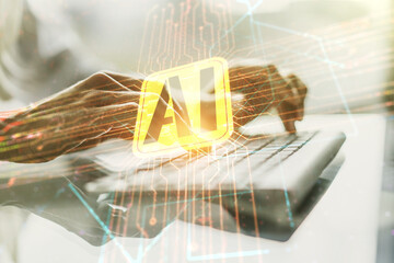 Poster - Double exposure of creative artificial Intelligence icon with hands typing on laptop on background. Neural networks and machine learning concept