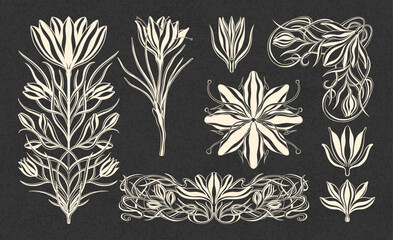 Wall Mural - Floral crocus plant in art nouveau 1920-1930. Hand drawn crocus in a linear style with weaves of lines, leaves and flowers.