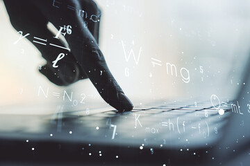 Poster - Creative scientific formula concept with hands typing on laptop on background. Multiexposure