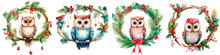 Owl Sitting On A Wreath On A White Background, Christmas Or New Year Concept