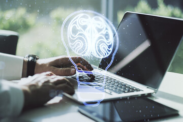 Aufkleber - Creative light bulb with human brain hologram and with hands typing on computer keyboard on background, artificial Intelligence and neural networks concept. Multiexposure