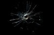 Bullet hole in a glass with cracks isolated on a black background. Generative Ai