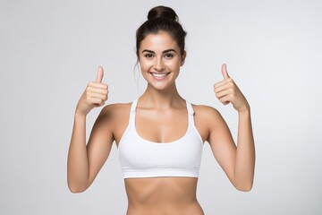 Wall Mural - Portrait of a smiling sportswoman in white sportswear showing her thumb up and her biceps isolated on a white background and Looking at the camera.